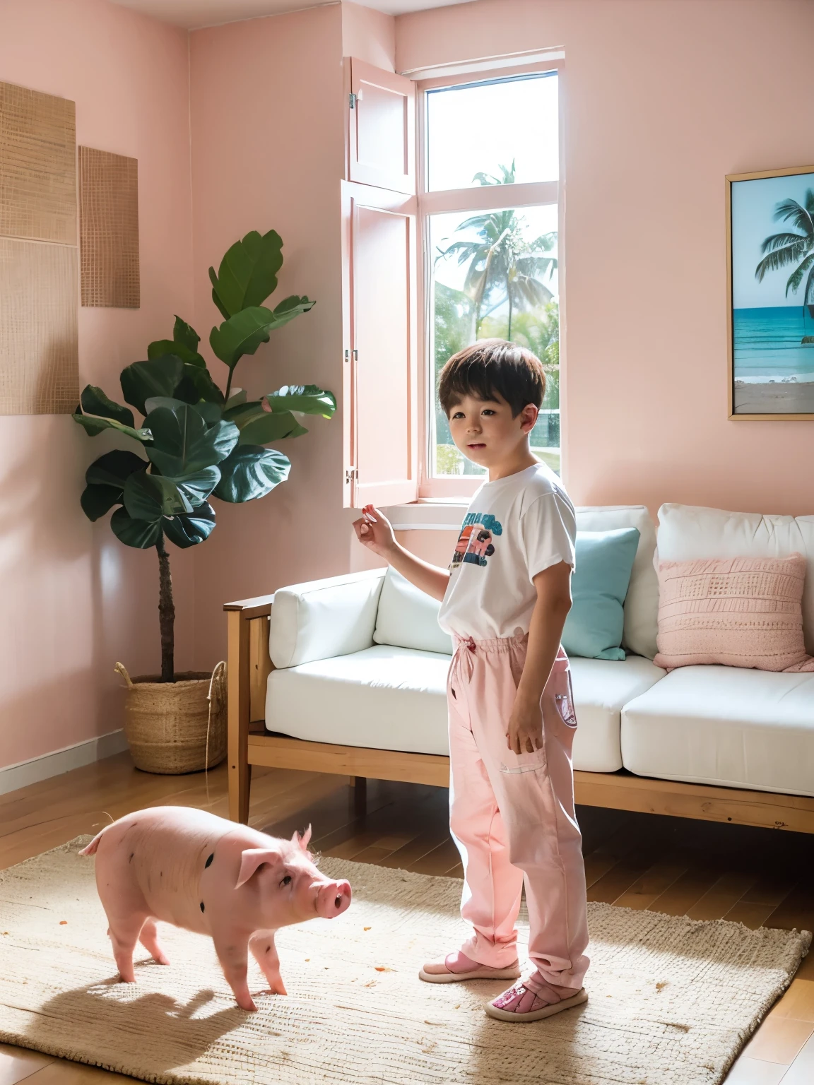 (masterpiece, best quality:1.2), (((1pig boy))), ultra high resolution, solo, professional lightings, cinematic lightings, 8k wallpaper, ultra realistic portrait of pig boy, white T shirt, suspenders, long pants, ((living room, view palm tree & beach via bay window, house plants, carpet, TV, couch, wooden floor, pink painted wall)), standing, ((he is very short & small, pig face, humanoid pig, pink skin)), 