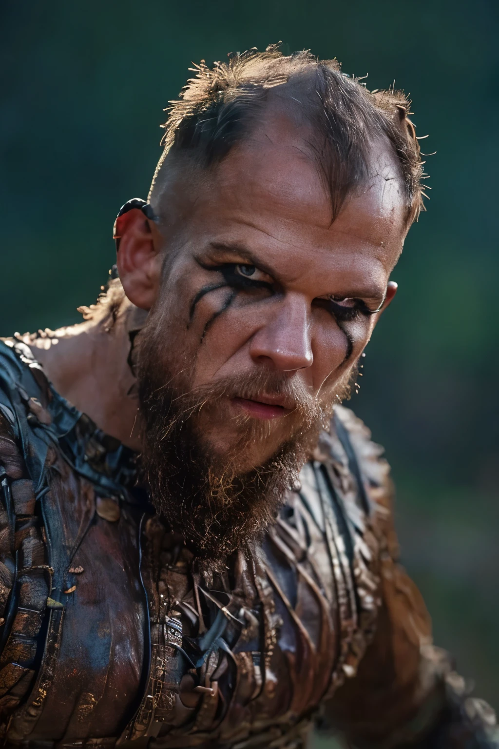 Hyper realistic, ultra detailed, cinematic posterof Floki a viking warrior, old man, 50 years old, black makeup on eyes, beard, ((action scene)), in dynamic combat pose, ((night, rain fall)) , ultra realistic, skin texture, cinematic lighting. (((Cinematic thunder background))) .