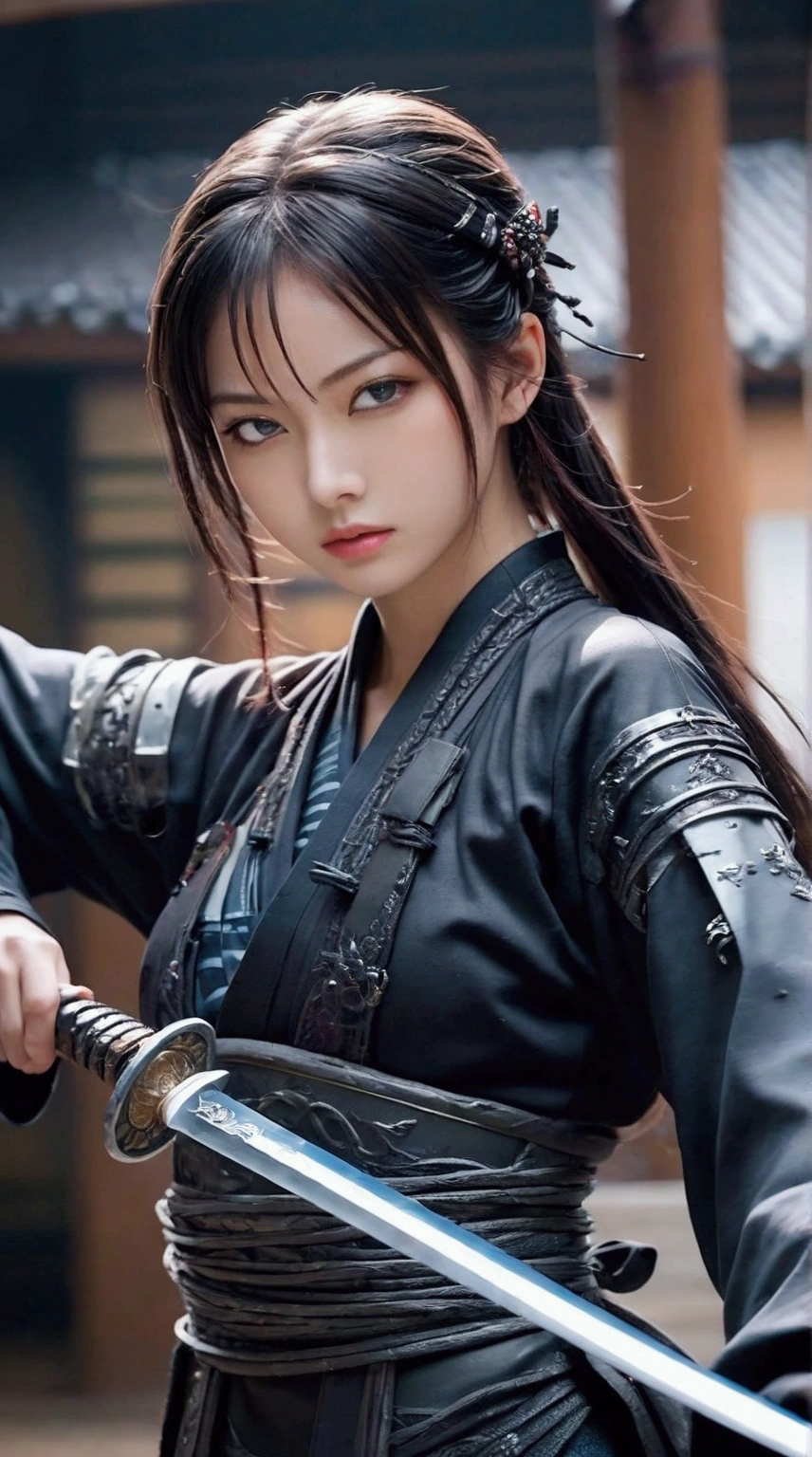 (Japanese sword &reference;Muramasa 2&reference;.2)Beautiful 27 year old woman、Japanese women、Tie your hair back、Hair ornament artist、Shinobi Costume、Warrior、Clear Eyes、{Arm tattoo(SakuraFubuki}&#39;Back Tattoo、Warrior、(Japanese swordを両手で構える、1.3)(Japanese sword1.2)Intermediate position、In front of the body、(Holding a sword horizontally 1.3)、whole body、Long Blade Sword、Realistic battle scenes、敵Warriorの返りBlood、Blood、High resolution、Highest quality、Very detailed、8k、background、The castle is burning、Sparks fly、