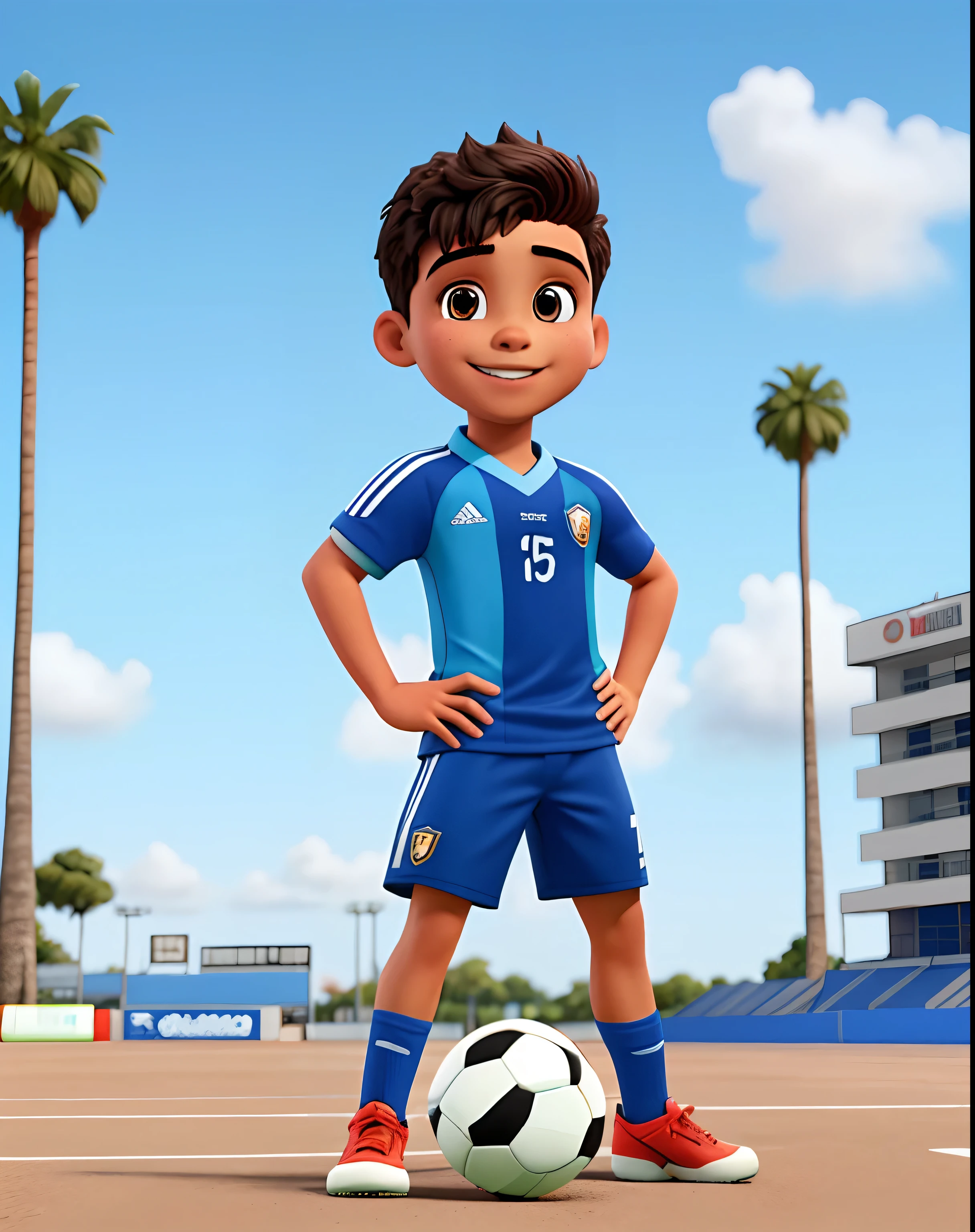 a boy, Happy man in blue football player costume