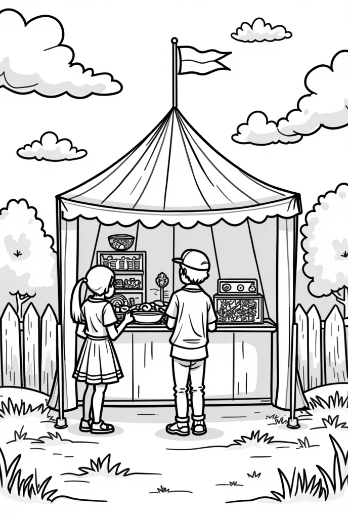 Image of children visiting a tent store with a candy vendor that can be colored.
