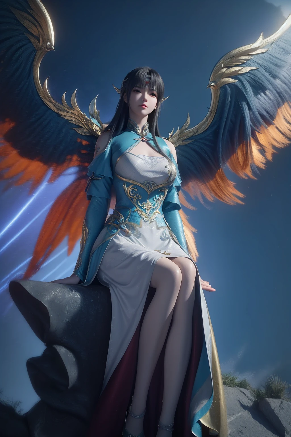 Close-up：A woman sits on a rock.，author：Yang J, Majestic Angel, IG model | Artistic Germ, Young fair angel, Fan Art Best Artstation, 2. 5D CGI anime fantasy artwork, Fantasy art style, ruan jia and Artistic Germ, digital fantasy art ), Full body fairy