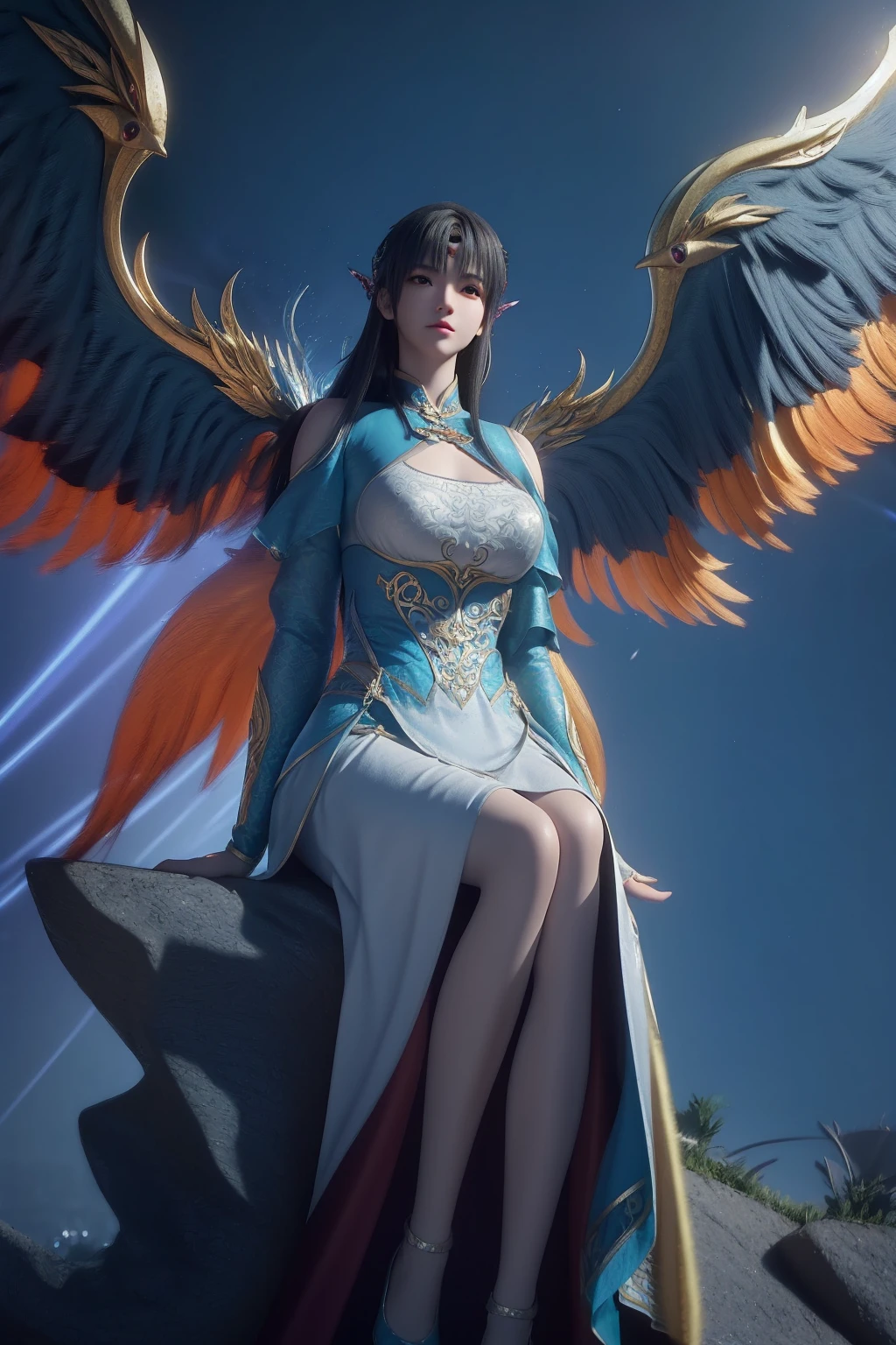 Close-up：A woman sits on a rock.，author：Yang J, Majestic Angel, IG model | Artistic Germ, Young fair angel, Fan Art Best Artstation, 2. 5D CGI anime fantasy artwork, Fantasy art style, ruan jia and Artistic Germ, digital fantasy art ), Full body fairy