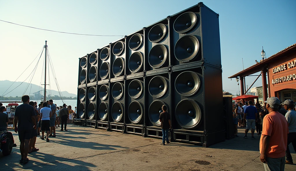 Three rows of large, three rows of small, and three tiers high, reggae speakers in black, placed at the fishing port.