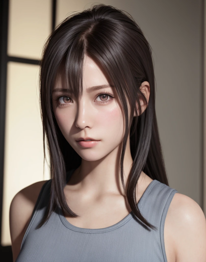 high quality picture, masutepiece, detailed hair texture, Detailed skin texture, Detailed Cloth Texture, 8K, Add fabric details, ultra detailed skin texture, ultra detailed photographic, Skin pores, Portrait of a girl, wearing tank top,