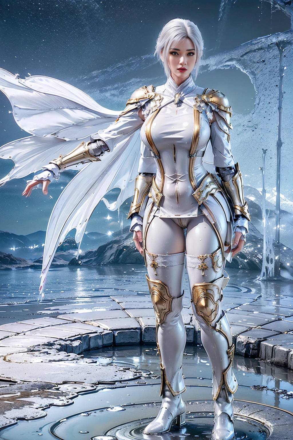 8K, HDR, Extremely realistic textures, Sharp texture, high resolution, best quality. Futuristic Characters, whole body, slim, (slim), tall and big, short hair, White hair, Wear gold mecha armor, white body stockings, Wear pants, boots, Wear (Knee pads), Gloves, shawl. standing perfectly in the castle.(((Wet myself))), (((Wet pants))), (((My fluids are running down my legs), Urine stains, (Puddle), Really long legs, Lipstick, Delicate face, Pretty Face, Face flushed with shame, insult,whole body图片