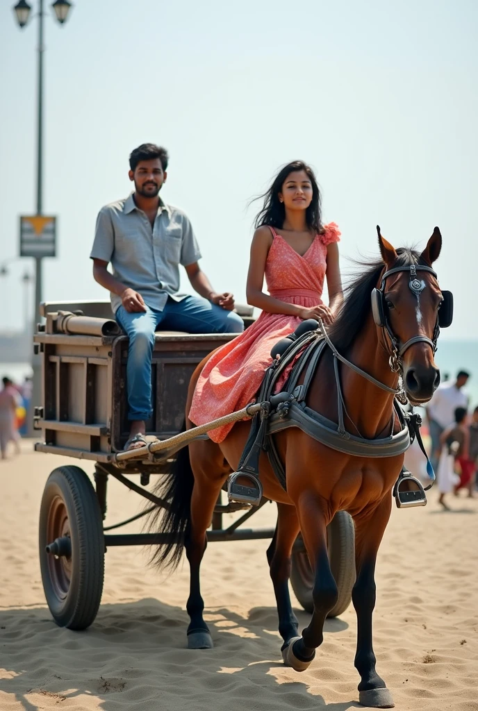 A boy age 27 south India from andhrapradesh wear jeans and t-shirt dusky skin and there was a girl age 25 north India from mumbai looks very modern she wears western dress looks very beautiful and active. Both are travelling in passenger horse cart handling a horse rider at marine beach drive in front of taj hotel.