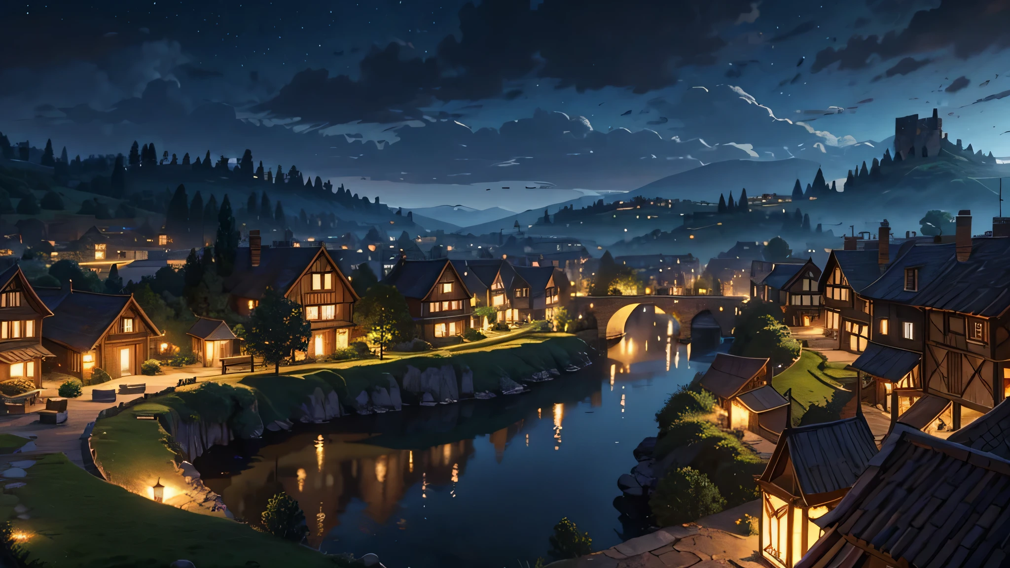 panoramic view of a small village at night in a medieval fantasy role-playing setting