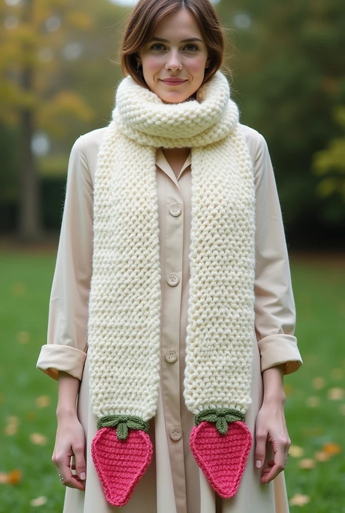 Long white crochet scarf with a pink strawberry pattern at the ends
