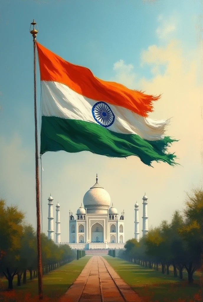 A beautiful painting on the theme of har ghar tilanga without any people with a taj mahal behind it about 5 km