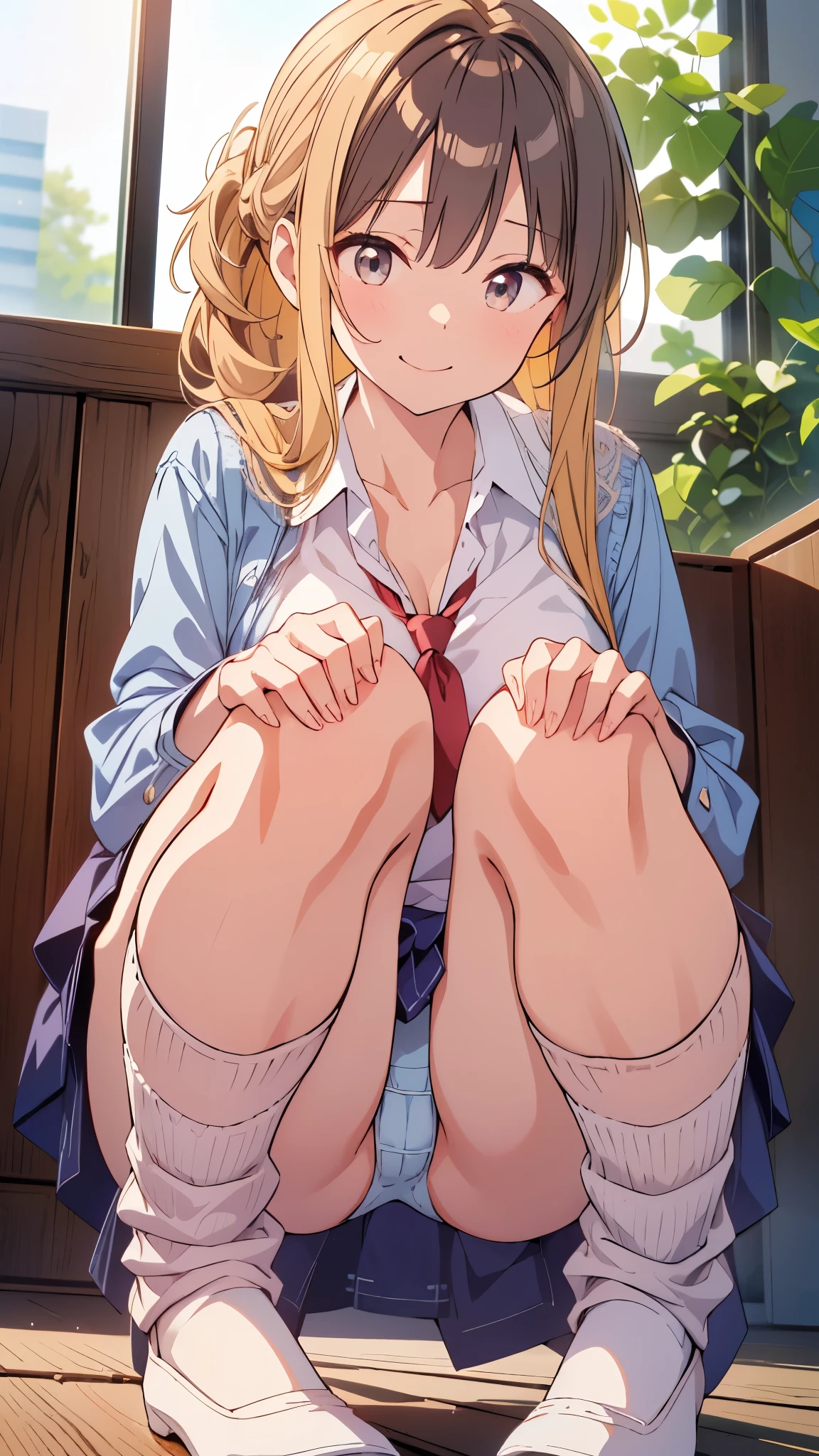 足を組んで地面にSittingアニメの女の子 very cute and beautiful girl,(Very detailed美しい顔), (smile),blush,Black Hair,Seraphim,((blonde、)),(White shirt、Pleated navy blue legs、Squat)、Sitting、(From below)、(Lace panties), Country Road, (Highest quality,masterpiece:1.0),Absurd,High resolution,Very detailedな,Very detailed,32K,8k resolution, Intricate details,Movie Scenes,Detailed Background,alone,Dynamic Angle,