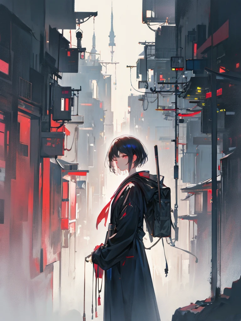 Hair cut short、Dark skinned tomboy girl, An illustration:Aoiro Studio、Komori Masaaki, Super detailed, Neon Light, Cinema Lighting, Matte Paint, Painted in oil painting style, Trending on Art Station, modern art, Surreal and dreamy atmosphere.
