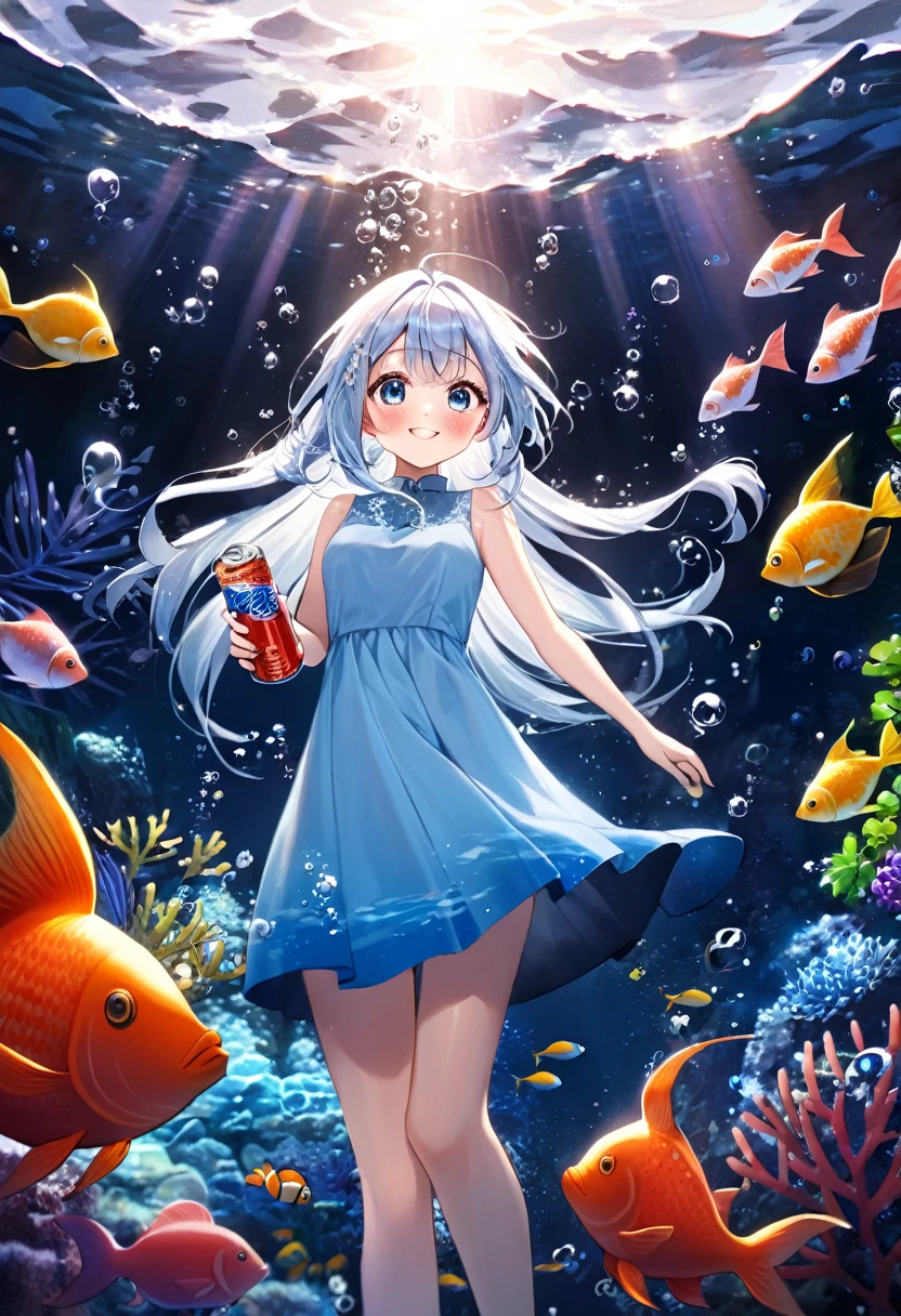 ,(((( light blue long hair)))),light blue hair, , long hair ((blush)) , cute face, big eyes, masterpiece, best quality,(((((a very delicate and beautiful girl))))),Amazing,beautiful detailed eyes,blunt bangs((((little delicate girl)))),tareme(true beautiful:1.2), sense of depth,dynamic angle,,,, affectionate smile, (true beautiful:1.2),,(tiny 1girl model:1.2),)(flat chest),(Panorama, center, masterpiece, highest quality: 1.2), (8K、Raw photo、highest quality、look up:1.2、masterpiece:1.2、Genuineistic、Ultra-high resolution、High Contrast、Photon Mapping、Genuine、Very detailed、Official Art, Raw photo、professional Lighting、 Light、Vivid atmosphere、twiceLight) , (1 girl), , In the sea、、I see you standing looking up at the sea。In the sea,々Bubbles are bubbling。Different types、Colorful tropical fish swimming。You can see the corals and underwater plants。Even though it's underwater、As if you were on the ground。Captivating natural beauty,Shining Star Fragment, An atmosphere that exudes the excitement of adventure。An atmosphere that makes you feel happy and joyful。High Fantasy Worldview, Beautiful depiction of grand composition and proportions, Guardian nebula of rainbow light and silvery vapor, Corrosive Encirclement Ray Family Color, slimy air feeling,
