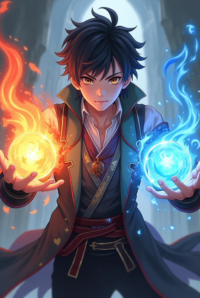 Young anime isekai style boy with black hair and short beard,becomes a supreme mage with two orbs in his hand, one fire element and the other water element.