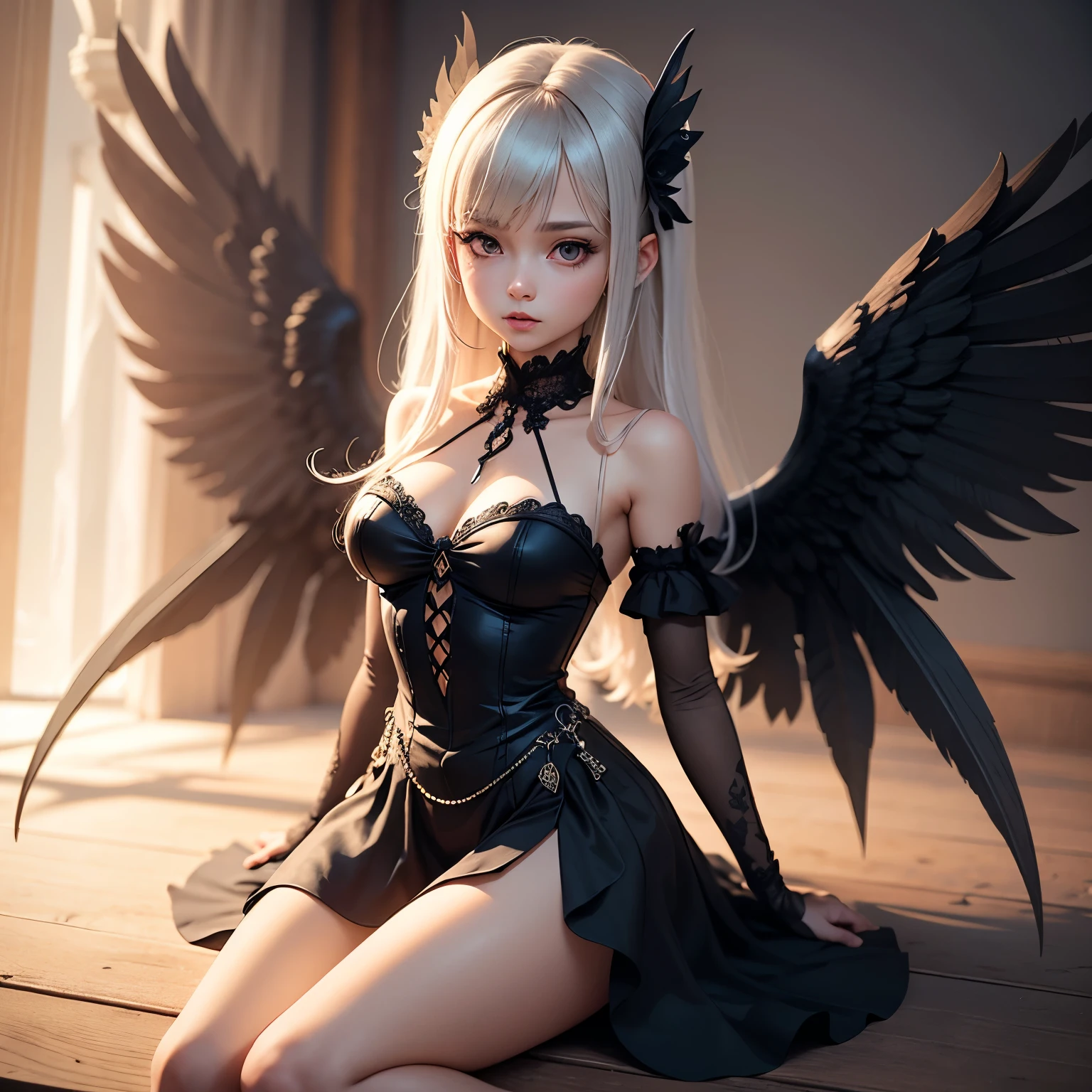 there is a woman dressed in a black dress with wings, The villain has black angel wings, Angel Knight Gothic Girl, Young One Angel, Majestic angel all over the body, angel with black wings, Beautiful angel girl, 3D Anime Real, Gweiz-style artwork, Dreamy gothic girl, Gothic Maiden Anime Girl, Elegant Gothic Princess