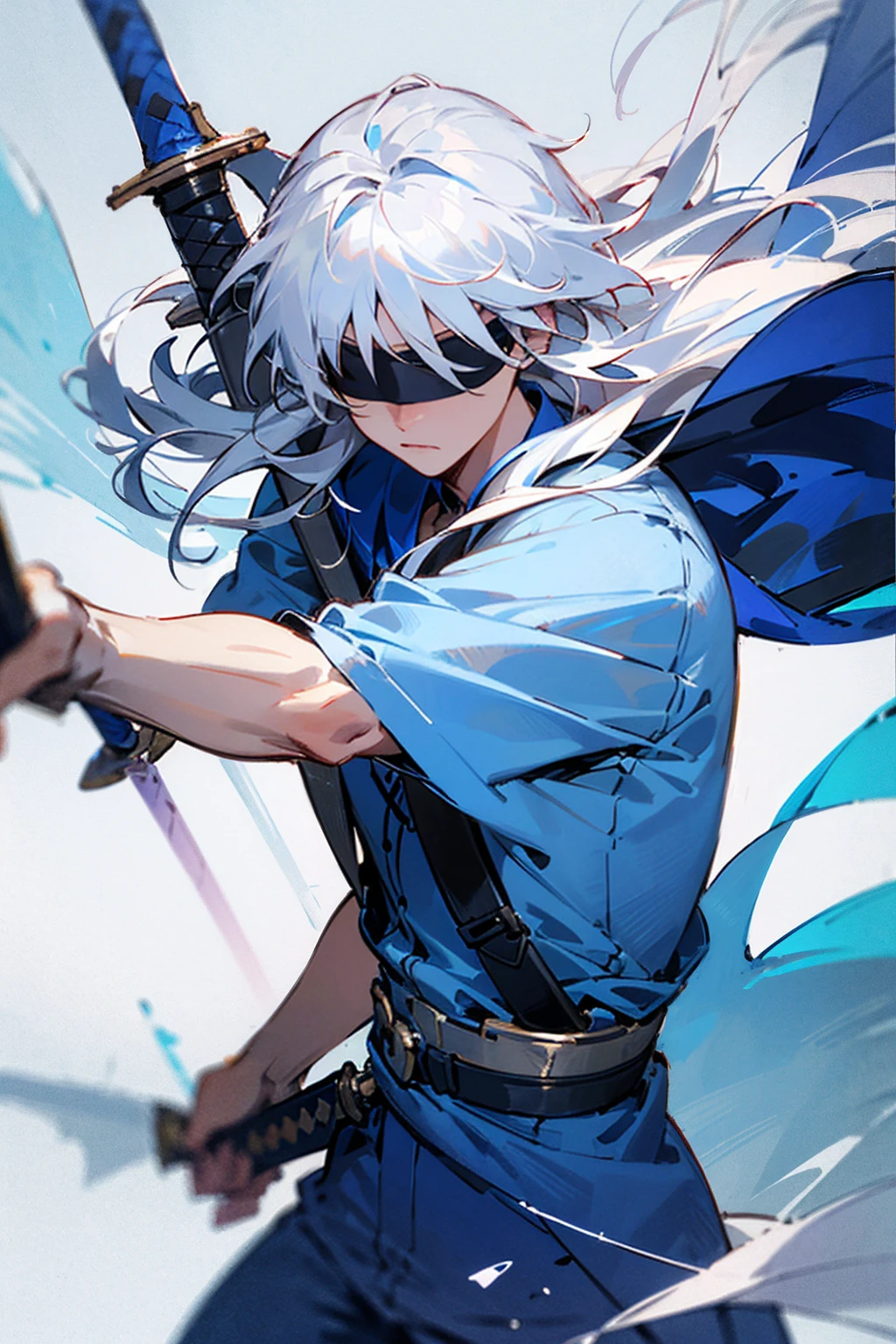 ((best qualityer)), ((work of art)), (detailded), male, white hair, long hair, blindfolded, blue clothes, flowy clothes, holding Sword, ice 
