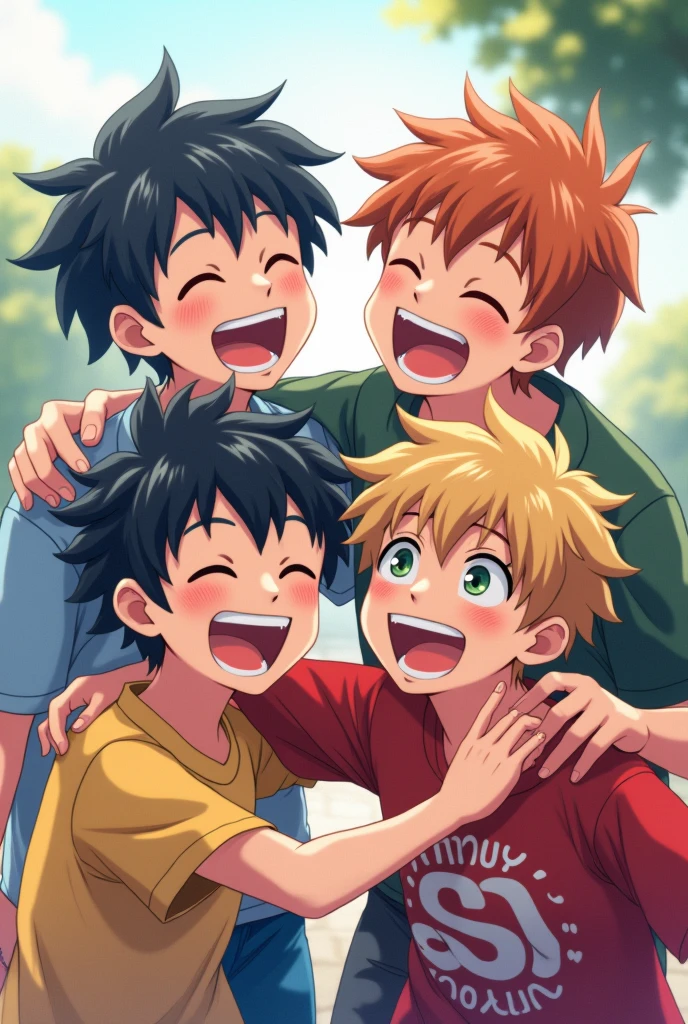 4 best friends who are 15 years old who are laughing and having fun together male make it more anime like