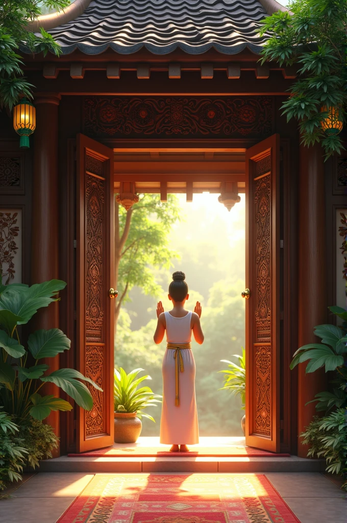 "Create an image depicting a traditional Thai home with a beautifully carved wooden threshold at the entrance. In front of the threshold, a person is about to enter but stops just before stepping on the threshold, showing a gesture of respect by raising their hands in a traditional Thai wai. The image should capture the moment with soft lighting that emphasizes the cultural significance of this belief. Surrounding the home, include lush greenery and traditional Thai decorations, symbolizing the connection between the home, respect for traditions, and nature."