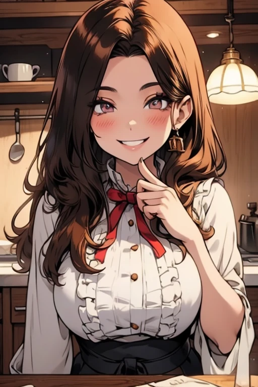 Perfect face. Perfect hands. A brown haired woman with copper eyes and an hourglass figure in a Lolita dress is stting on a counter in a fancy kitchen with a big smile