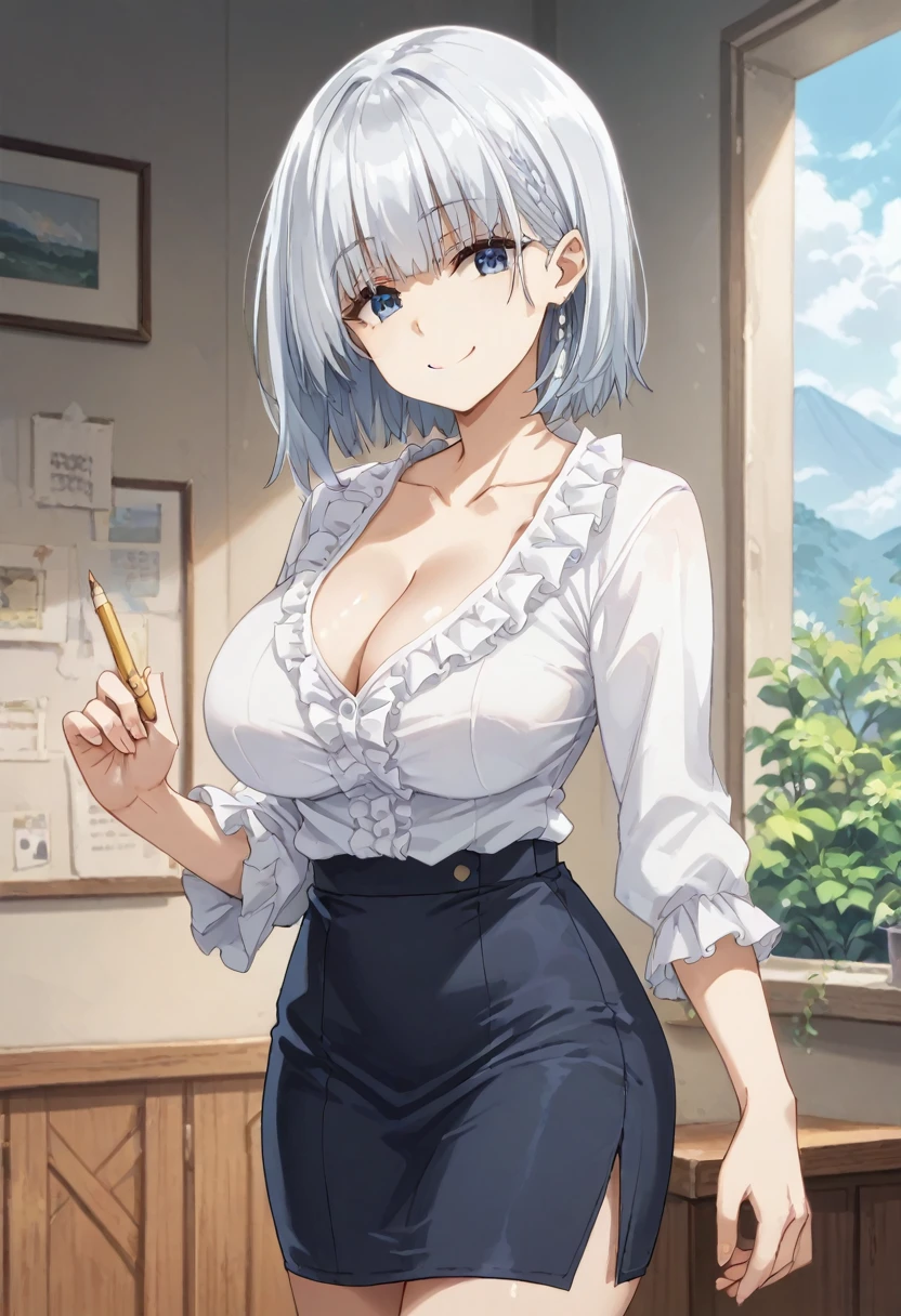 masterpiece, best quality, beta, silver hair, white shirt, frills, pencil skirt, cleavage, large breasts, looking at viewer, smile
