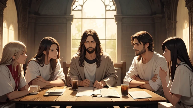 Jesus and his disciples sitting together fellowshipping