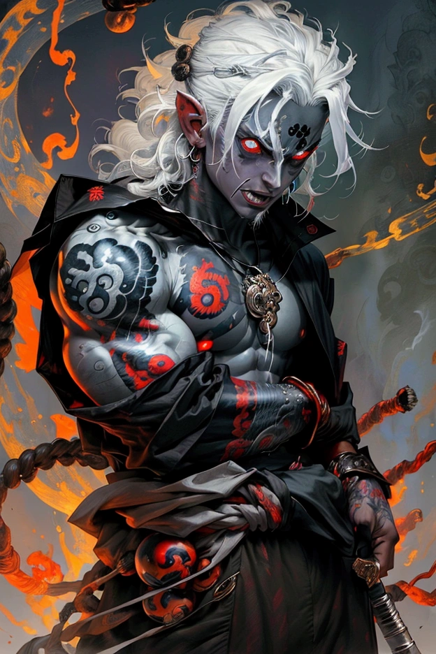 (masterpiece), (best quality), (detailed), male, asura god, god of chaos, white hair, shining eyes, demon, 6 hands, torso symbols tattoo, flames around body, muscular, japanese style, katana at waist, rage, foo dogs