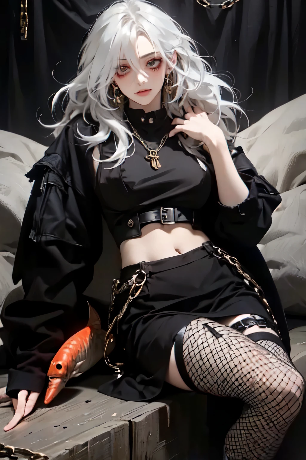 (masterpiece, best quality:1.2), 1girl, solo , emel , fishnet legwear , pantyhose , chain , midriff , black eyes , , O-ring , thigh strap , leg belt ,white hair , strap cloth  , techwear outfit , , asymmetrical dress , very long hair , multi colour outfit , jewellery , earring piercing , lazy eye , sleepy eye , hair over one eye , very large breast , smile , lazy face , 