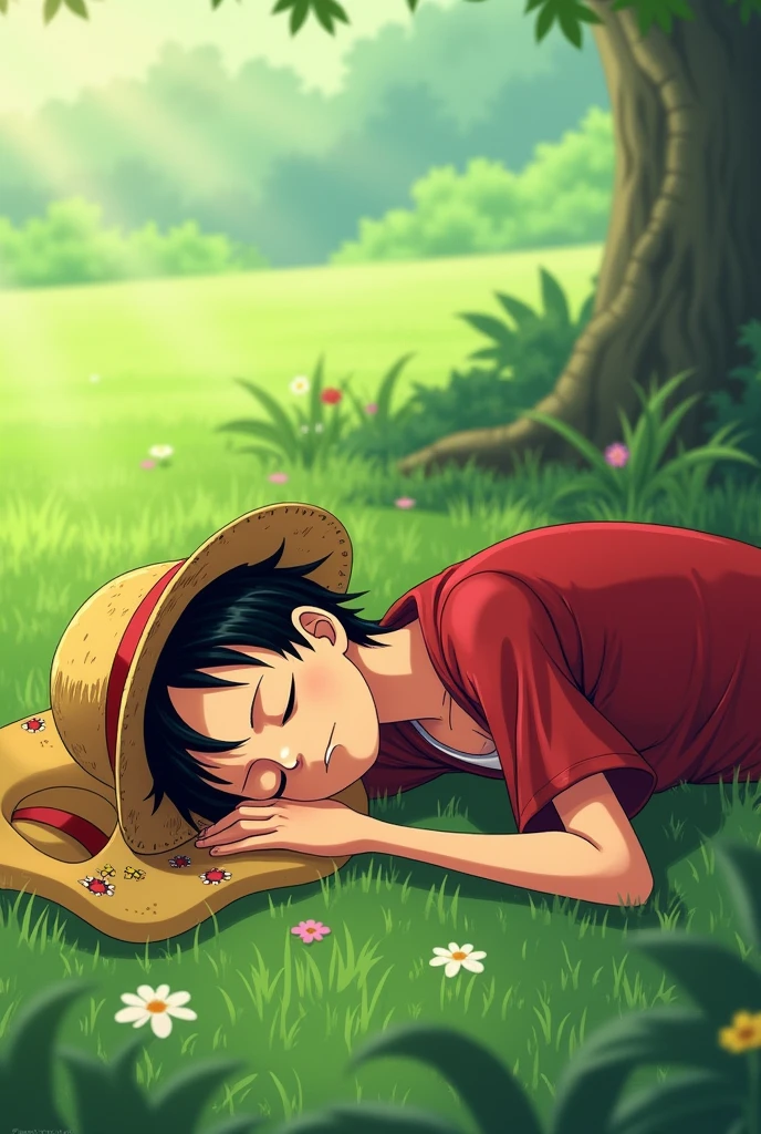 Luffy puts his hands over his head while sleeping