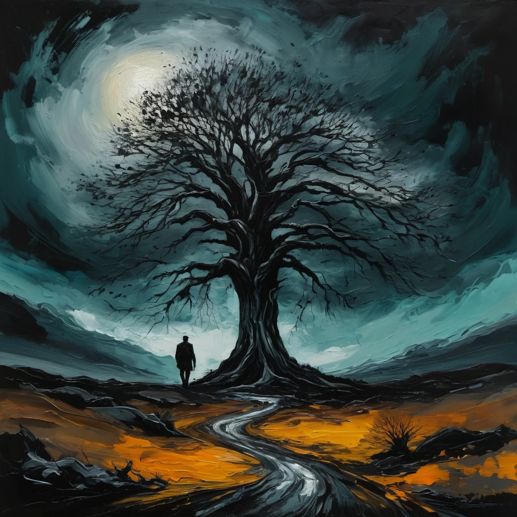 A legend walking towards a lone tree in a wild, acrylic painting, calm, majestic, desperate, unstoppable, digital painting, expressionism, dramatic, nostalgic memories, dark tones, gloomy, emotionally profound, epic scene, acrylic painting, lone tree, dark tones, uncomfortable atmosphere, intricately detailed art, surrealism, abstract, intricate brush strokes, intricate details, creative, expressive, detailed, colorful, digital art, dark, gloomy, expressionism, emotionally profound