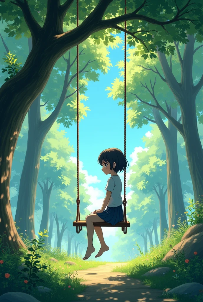 anime landscape of a girl short hair on a swing on a tree, backside anime nature wallpaper, beautiful anime scene, anime beautiful peace scene, makoto shinkai cyril rolando, beautiful anime scenery, amazing wallpaper, anime art wallpaper 8k, animated background, animated background art, 4k anime wallpaper, anime art wallpaper 4k, anime art wallpaper 4k, swing on a tree