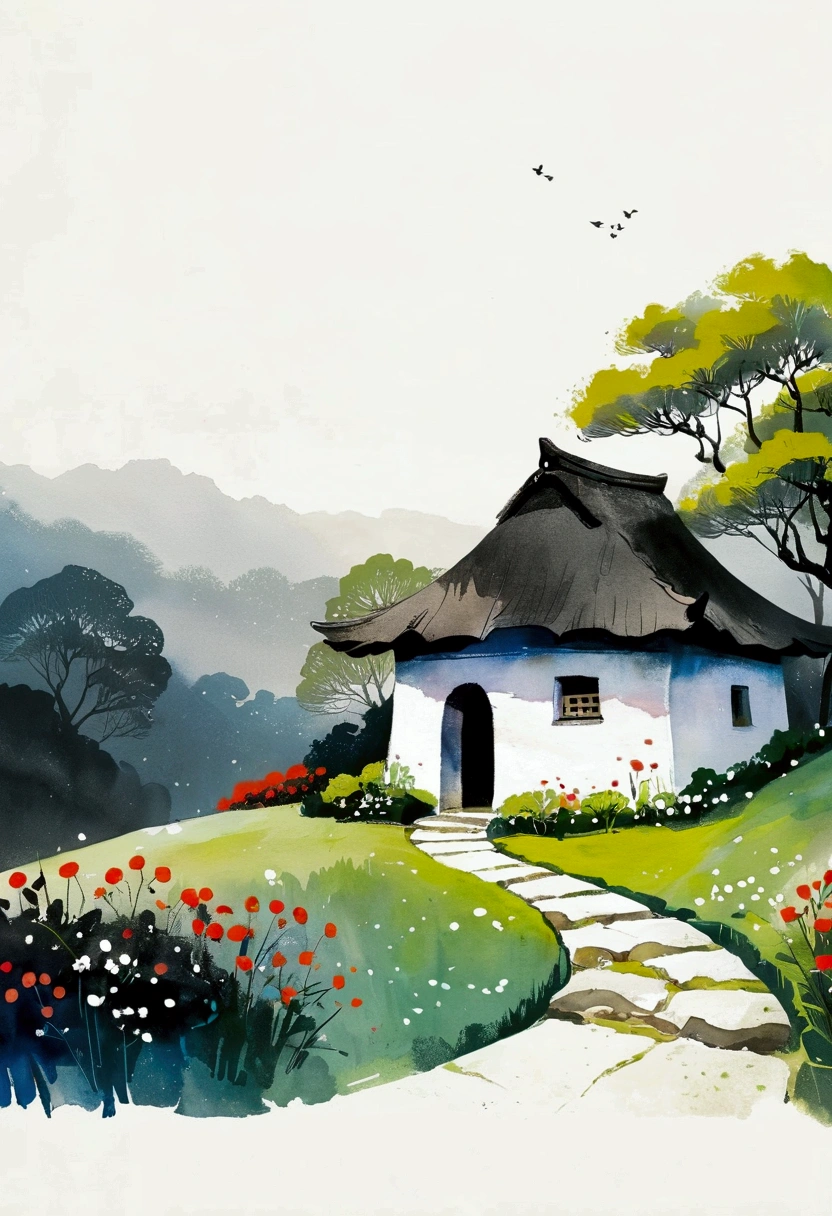 Sky occupies 3%/4,75%blank.Chinese Ink Painting Sketch:Peaceful and Freehand,Sketching,artistic conception:2.Dot,A small thatched hut on a winding path - chimney,Minimalism,White background。(((Negative Space:2,大面积blank:2, Bottom left corner composition)))
