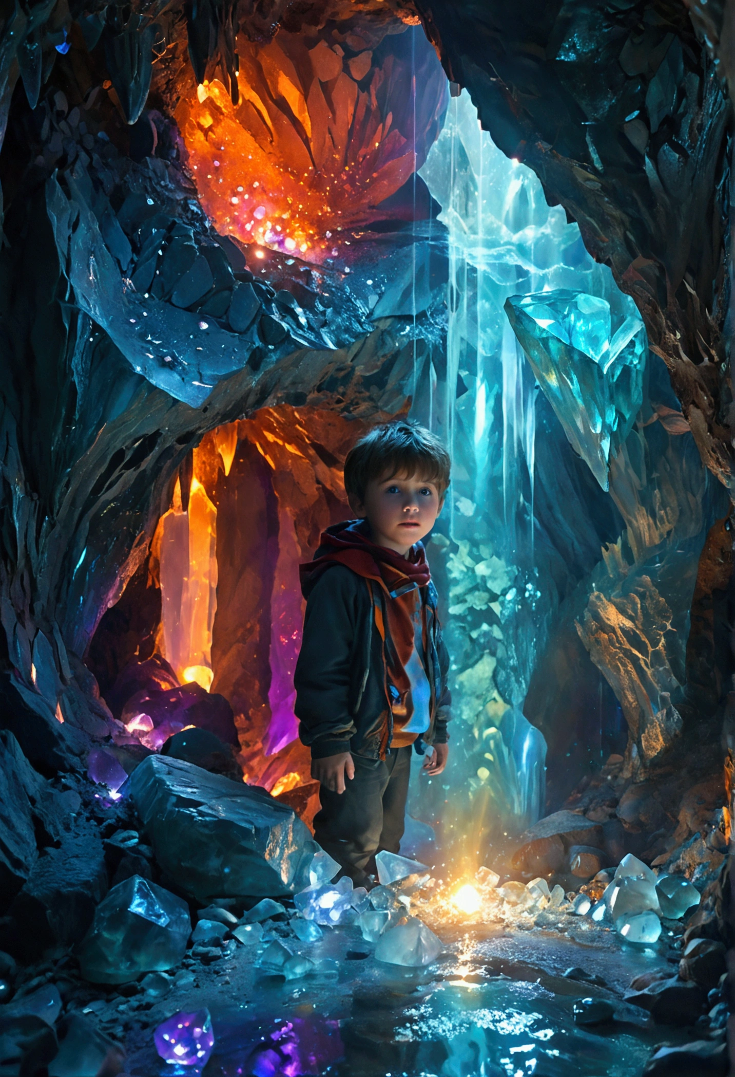 Crystal Cave Revelation:
"A young boy stumbles upon a hidden cave filled with giant, glowing crystals. His eyes widen in amazement as the light from the crystals reflects off his face, illuminating the dark cavern with vibrant, ethereal colors."
[Magical realism style, inspired by fantasy illustrations], [Soft, glowing lighting, detailed crystal textures, dynamic light reflections, and a mysterious cave setting with deep shadows].