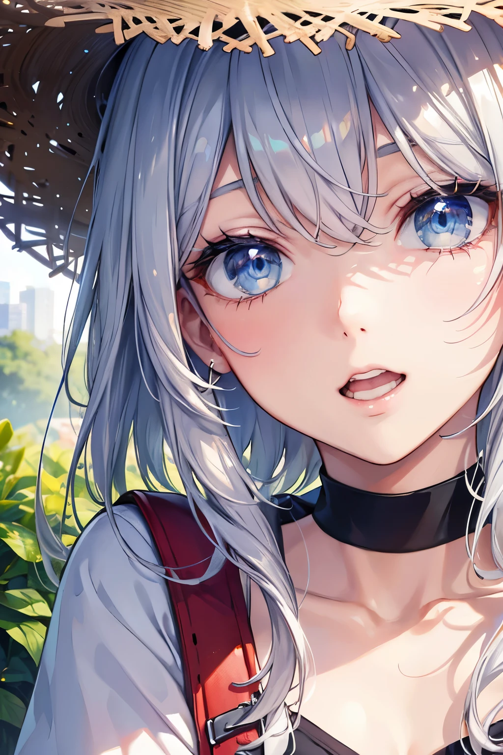 (Best quality,4K,8K,High resolution,Masterpiece:1.2),Super detailed,(Actual, Realistic),highly detailed, top quality, soft skin,Portrait,
break,
((Beautiful clear blue eyes:1.2)),very kind eyes,eyes wide open,beautiful eyelashes,beautiful lower eyelashes,slender body,
break,
((Beautiful and shiny silver hair:1.3)),A dazzling smile, a bursting smile, an open mouth laugh,
break,
very happily,Backpack,T-shirt,jogger pants,safari hat,hiking,(close-up of face)