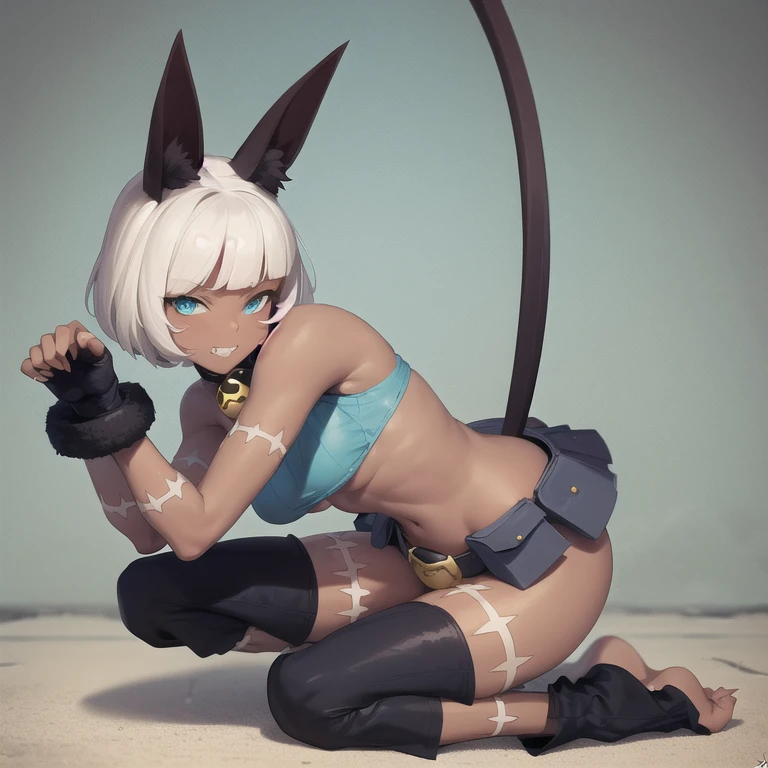 (masterpiece, best quality:1.2), solo, 1girl, sgmsfortune, dark skin, dark-skinned female, grin, looking at viewer, leaning forward, paw pose, bob cut, crop top, fingerless gloves, collar, bell, pouch, cat tail, midriff 