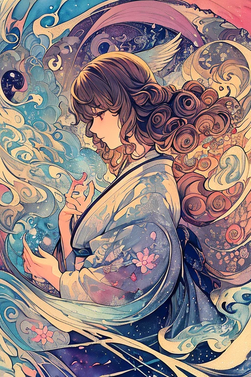 (masterpiece、Highest quality、Highest quality、Watercolor(curly)、Official Art、Beautiful and aesthetic:1.2)、(One Girl:1.3)、(Fractal Art:1.3)、(kimono)、((Upper body))、profile、Flowers, birds, wind and moon、rain、Powder Snow、fantasy、A Thousand Cranes、cloud、lanthanum、Starry Sky、performer、
