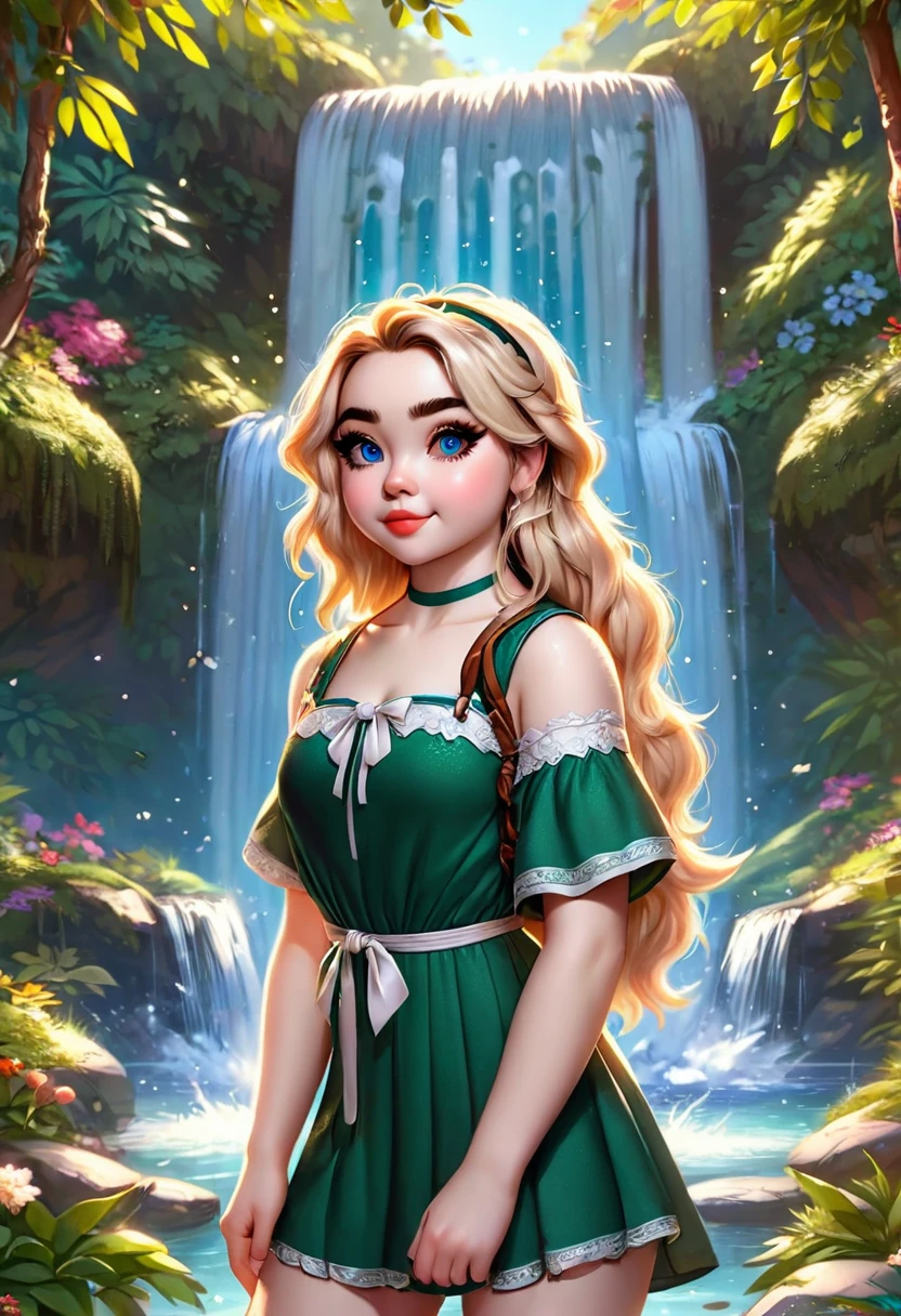 Thirst trap beautiful women that looks like Sabrina Carpenter. green sun dress, clean girl aesthetic. Her hair iblonde super strait and sleek, White hairband. official art is an award-winning digital masterpiece in 4K Ultra HD, featuring extreme detail and intricate realism. It combines the artistry of Wlop and Artgerm in a stunning 2D vector illustration. The background is a tranquil waterfall. bright colorful.
