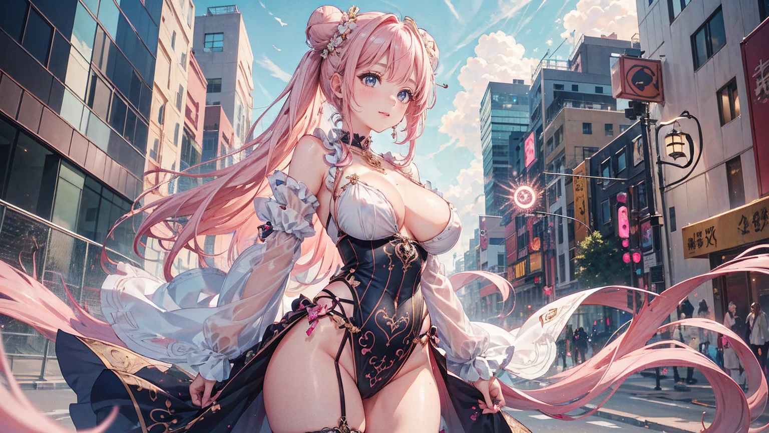 Anime Kawaii sexy Perfect Slim sensual body large breast and huge thighs, An intricate and highly detailed illustration of anime (Young girl). 1 girl, long pink bun hair, Symbol-shaped eyes, +_+, breasts big, Idol Costume, {girl with long pink bun hair named Nami}, (pink eye color), {city center}, (ssmile), Glittering Background , mole under the eye, heart shaped choker, (work of art, highest quallity), very detailled, highest quallity, offcial art, beautiful and aesthetic: 1.2), (1 girl), very detailled, (geometric art: 1.3), colorfully, More Detailed ?d1 girl, long pink bun hair, Symbol eye, +__+, breasts big, gothic costume, {A girl with long pink hair named Nami}, (pink eye color), {city center}, (ssmile), Glittering Background, mole under the eye, heart shaped choker, (work of art, highest quallity), offcial art, beautiful and aesthetic: 1.2), (1 girl), very detailled, (geometric art: 1.3), colorfully