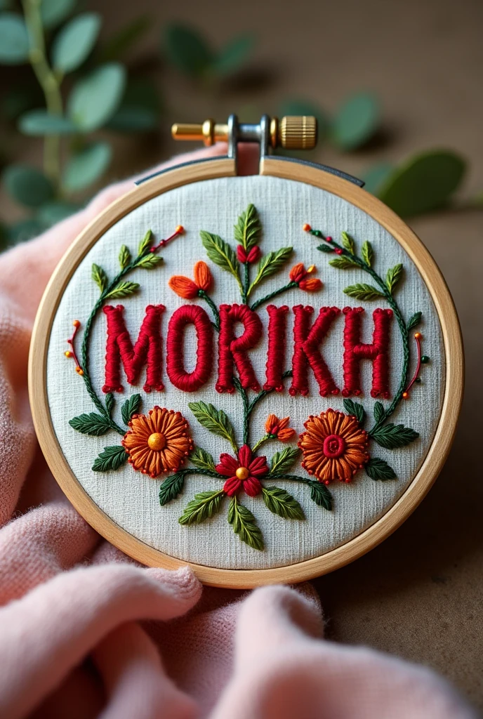 Word MORIKH written with hand embroidery on a embroidery frame with wool thread. Make it look like real picture.