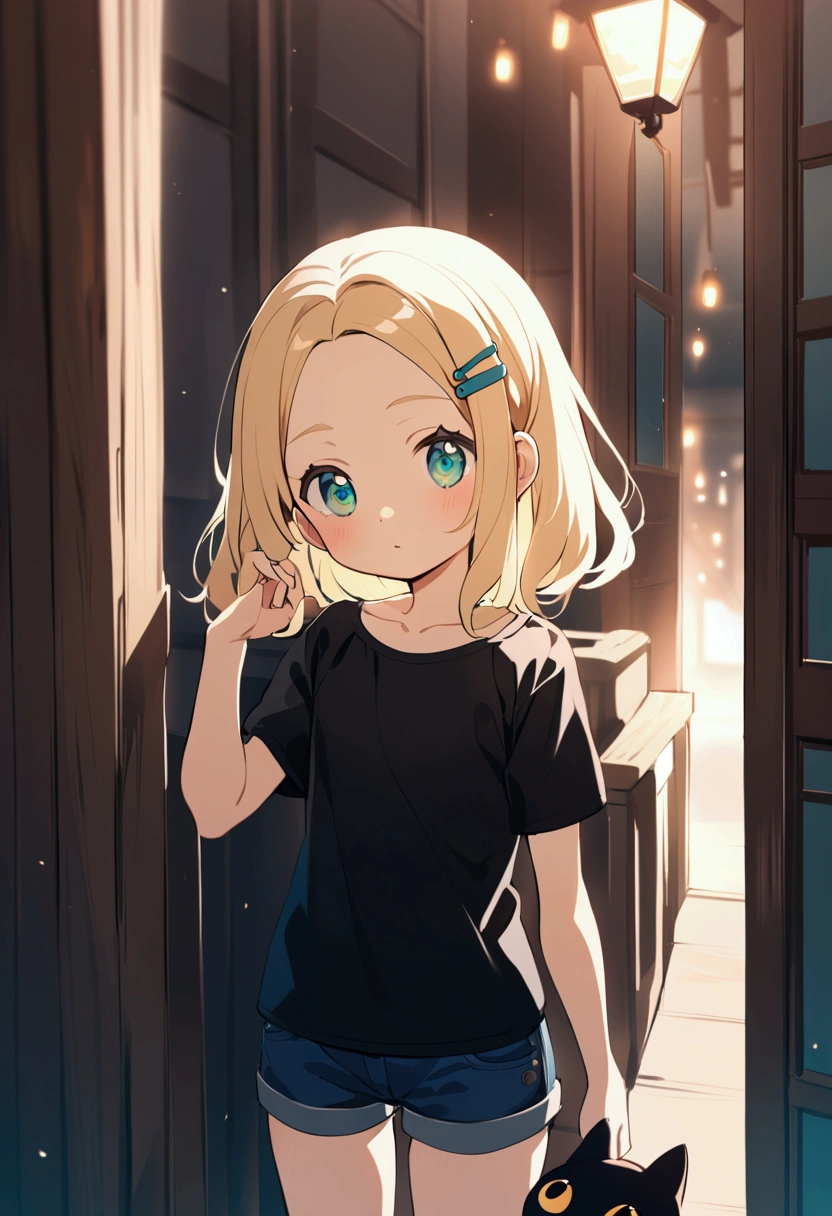 Anime girl  8 yearsulder-length blond hair, clear forehead, hair clips, blue eyes) wearing a black T-shirt and short jeans  with a black cat with green eyes.