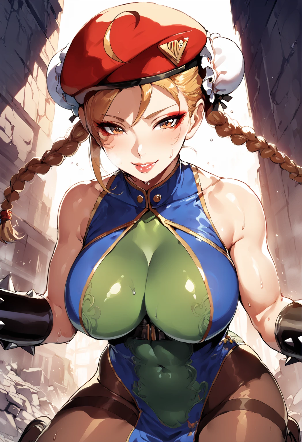 two woman kissing each other hardly, masterpiece,best quality,extreme detail,8k,cammyfn, 1girl, solo, long hair, breasts, blue eyes, blonde hair, large breasts, gloves, red hat, braid, ahoge, twin braids, leotard, lips, makeup, beret, scar, antenna hair, nose, harness, huge ahoge, green leotard,sleeveless, sweaty,sweat, exhausted,sleeveless,cross eye, full body , and 1girl, (solo:1.2), (jumping:1.3), (mid air:1.3), (cowboy shot:1.5), smile, happy, (masterpiece:1.3), (best quality:1.3), (perfect anatomy:1.4), highly detailed, chun li, brown eyes, short hair, brown hair, double bun, bun cover, blue dress, pelvic curtain, spiked bracelet, sash, brown pantyhose, (post fight scenery:1.3), rubble, outside, daylight, nyantcha, expressive faces, anime-inspired, (cell shading:1.2), lips, kissing , kissed, kiss
