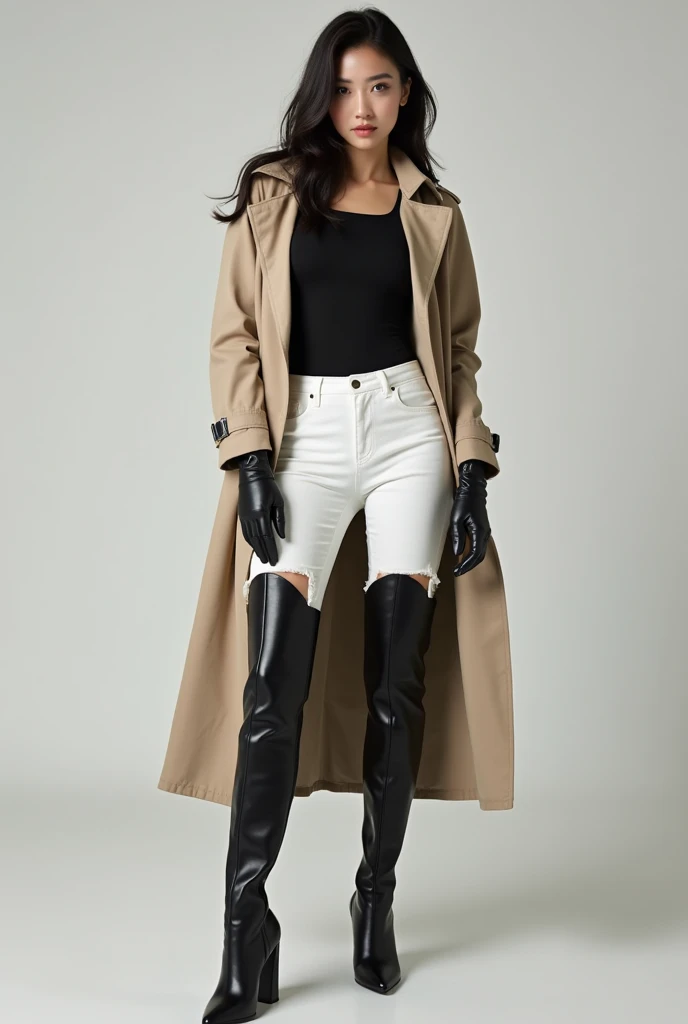 Korean girl in black leather thigh high boots, white pants, trench coat, long gloves