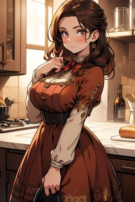 Perfect face. Perfect hands. A brown haired woman with copper eyes and an hourglass figure in a Lolita dress is doing dishes in a fancy kitchen