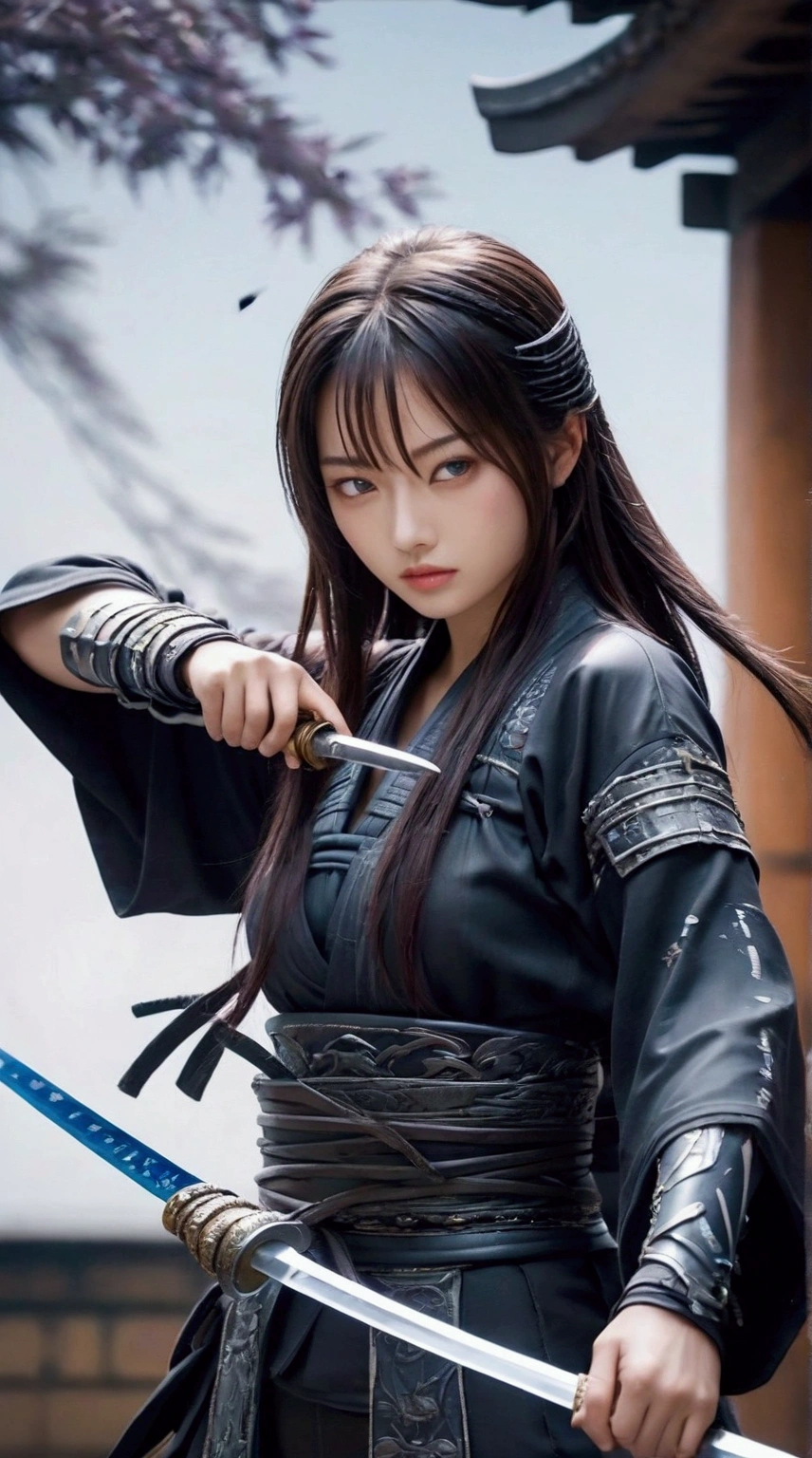 (Japanese sword &reference;Muramasa 2&reference;.2)Beautiful 27 year old woman、Japanese women、Tie your hair back、Hair ornament artist、Shinobi Costume、Warrior、Clear Eyes、{Arm tattoo(SakuraFubuki}'Back Tattoo、Warrior、(Japanese swordを両手で構える、1.3)(Japanese sword1.2)Intermediate position、In front of the body、(Holding a sword horizontally 1.3)、whole body、Long Blade Sword、Realistic battle scenes、敵Warriorの返りBlood、Blood、High resolution、Highest quality、Very detailed、8k、background、The castle is burning、Sparks fly、