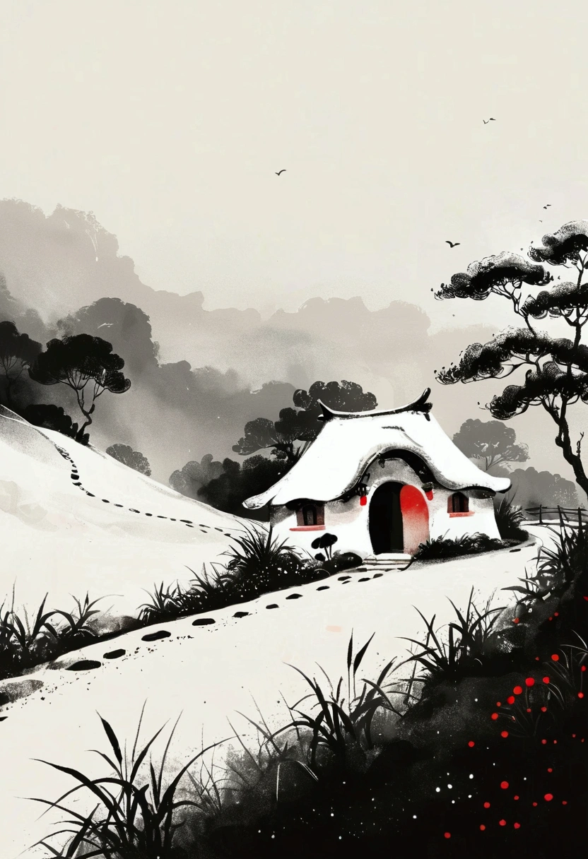 Sky occupies 3%/4,75%blank.Chinese Ink Painting Sketch:Peaceful and Freehand,abstract,artistic conception:2.Dot,A small thatched hut on a winding path - chimney,Minimalism,White background。(((Negative Space:2,大面积blank:2, Bottom left corner composition)))