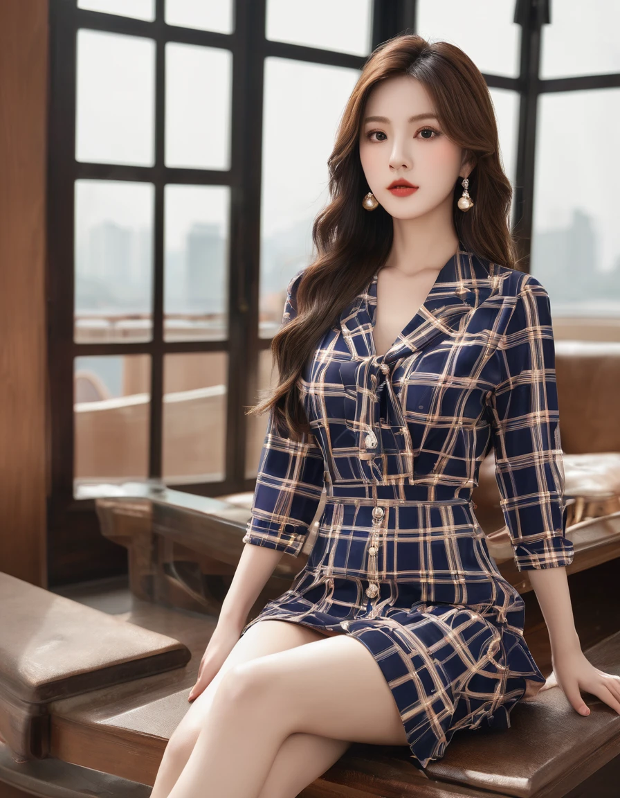 (Highest quality、Ultra-high resolution)、(Full Body Portrait)、(colored shirt with collar:1.1)、(Geometric pattern long skirt:1.3)、(silk pantyhose)、High heels、(Sitting with legs crossed)、1 girl、with long brown hair,(Large Breastodern architecture in the background、(((Perfect Anatomy, Perfect body, Perfect hands,boobs Perfect Face, Perfect Eyes, Accurate, Anatomically correct))), Perfectly clear and sharp focus, Highest quality、Ultra-high resolution, masterpiece, Ultra-realistic、Professional Lighting