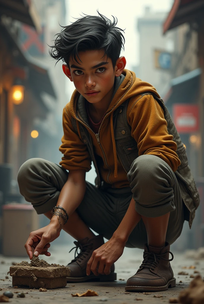 Young shoe shiner with a strong fighter 

