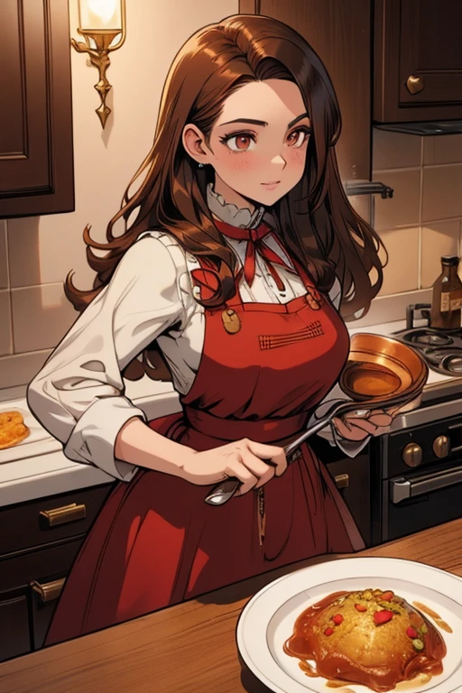 Perfect face. Perfect hands. A brown haired woman with copper eyes and an hourglass figure in a ta dress is doing dishes in a fancy kitchen