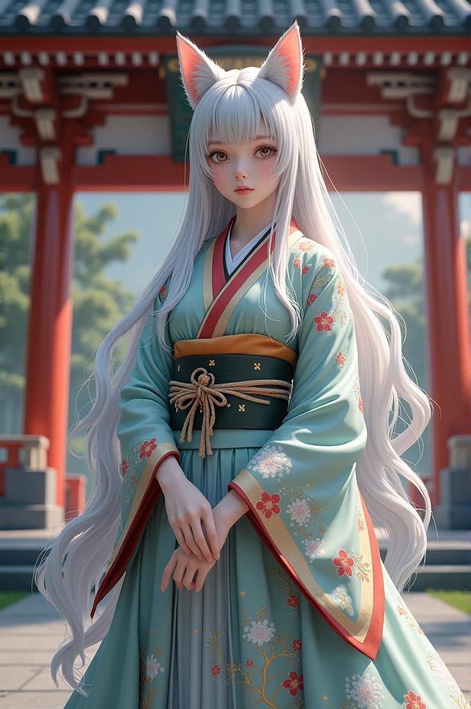 1 girl, white hair, blue eyes, wearing traditional japanese clothing, absurdres, high res, ultrasharp, 8K, masterpiece, looking at viewer