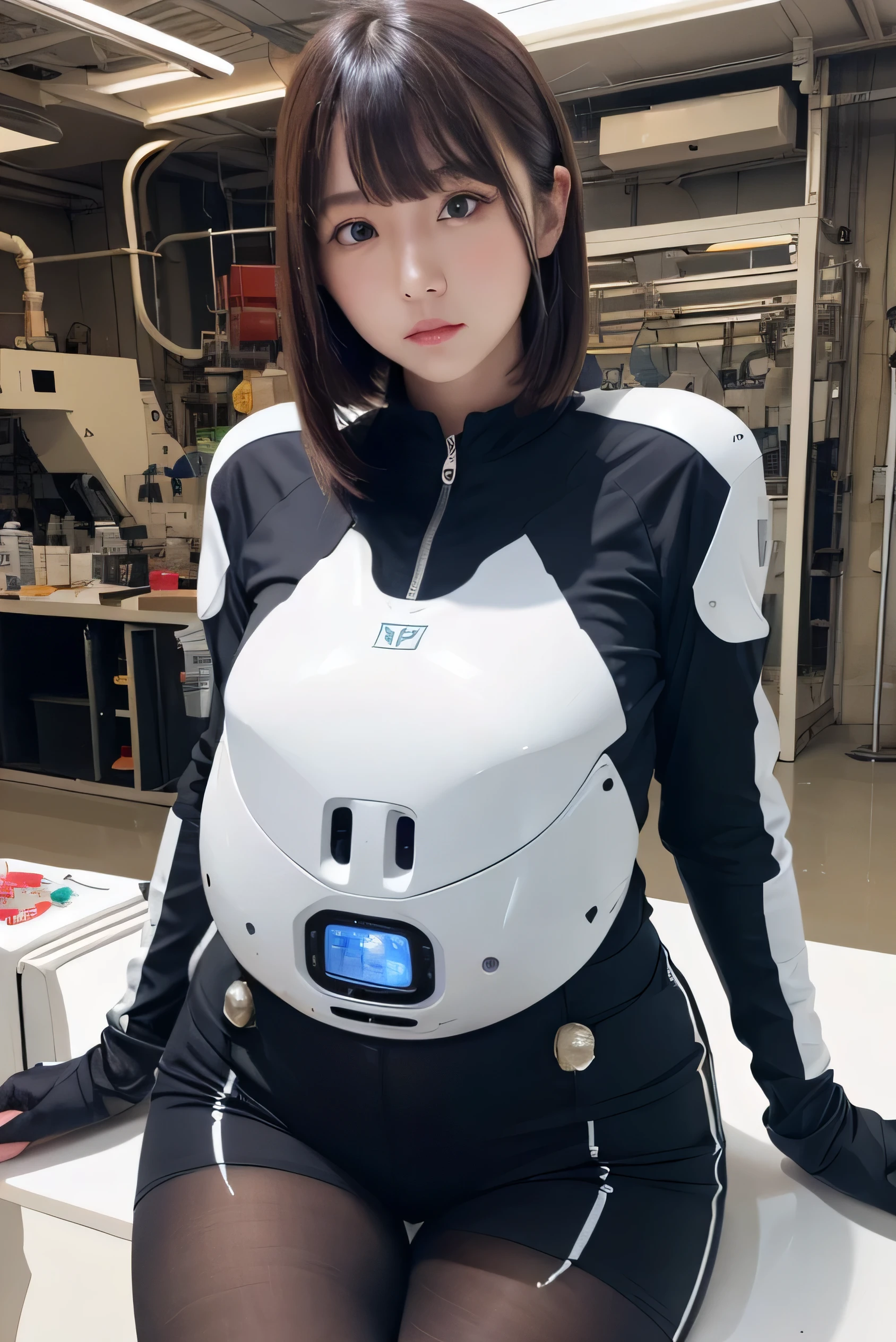 masterpiece, best quality, extremely detailed, Japaese android girl,Plump , control panels,android,Droid,Mechanical Hand, Robot arms,Blunt bangs,future information counter,reception,mechanical body, information office,japanese android receptionist,perfect robot woman,She is powered by electricity,white robot body,perfect mechanical body,black sponge joints,The removable cover is on the groin,The connection port is on the groin,access panel on the chest,miniskirt,dark black tights,She has repaired now,robot concierge,She is in information counter,(closing eyes:1.5)(sleep mode:1.5)