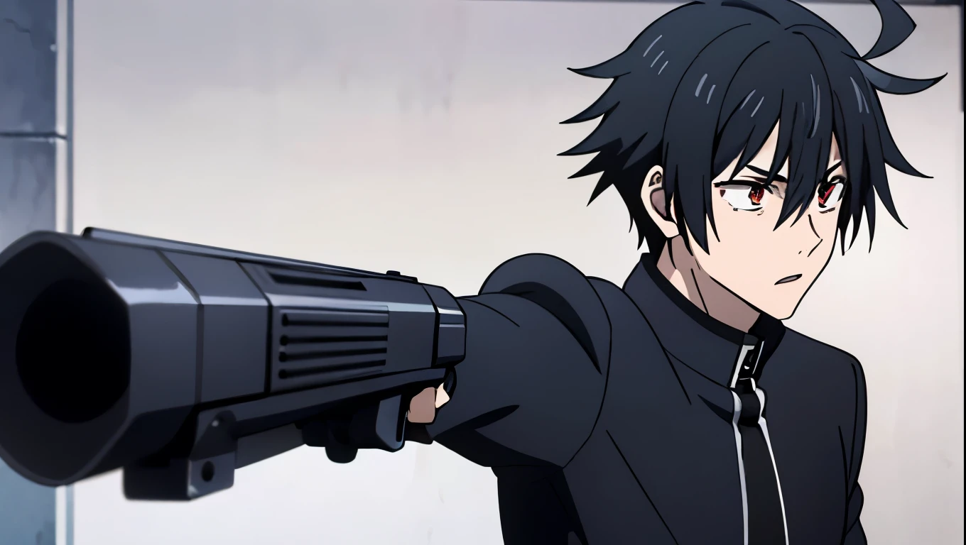 1boy, solo, teenage, black hair, red eyes, ahoge, cowlick, short haircut, black jacket, messy bangs, ahoge, pale skin, skinny, , gun in his hand, 4k